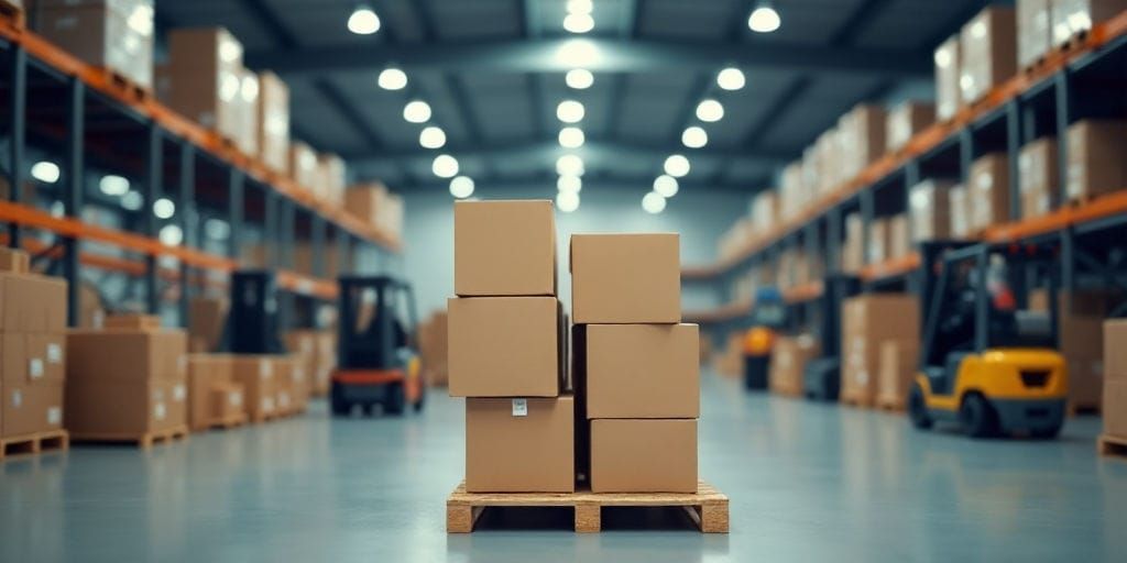 صناديق كرتونية مكدسة على منصة نقالة في بيئة مستودع كبيرة.