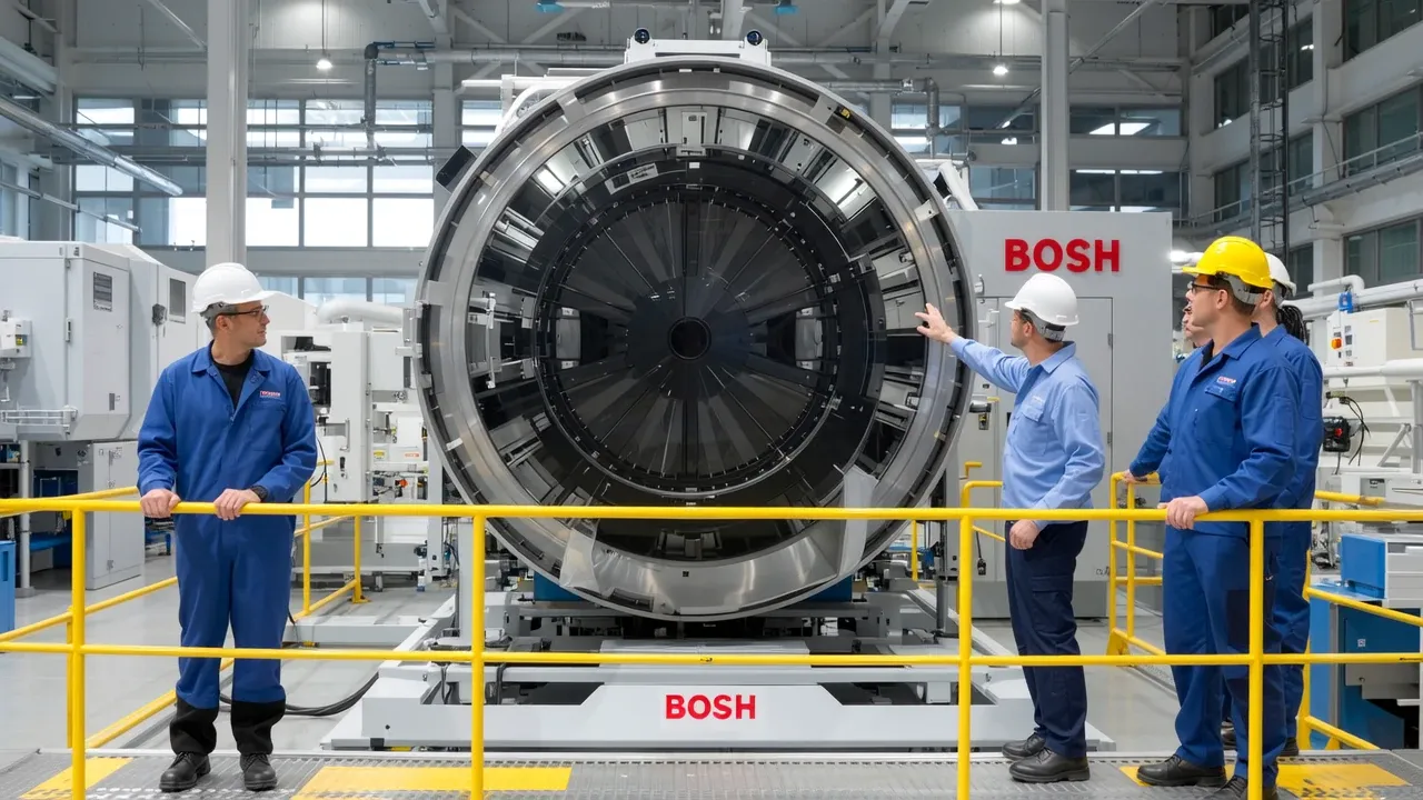 Công nhân kiểm tra thiết bị sản xuất wafer bán dẫn lớn bên trong một.