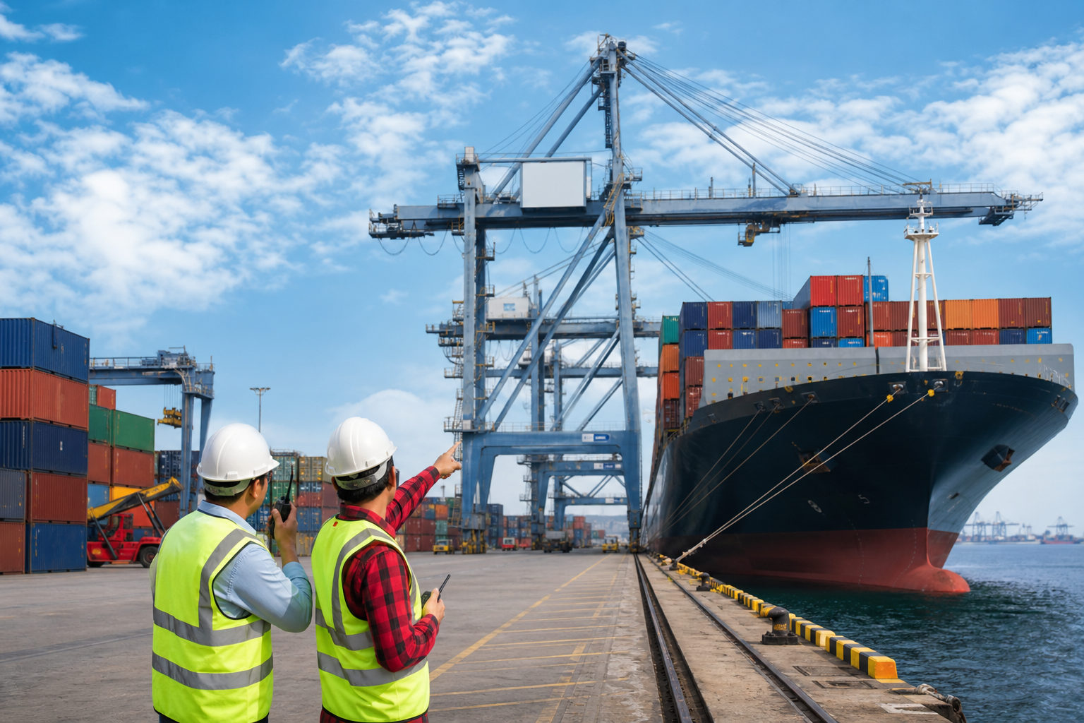Two people observe a large container ship docked under a massive crane.