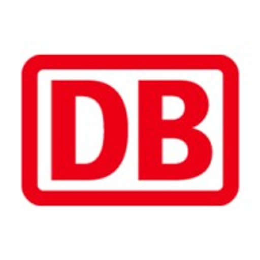 The Deutsche Bahn group logo features a red square with a white stylized train symbol inside representing railway