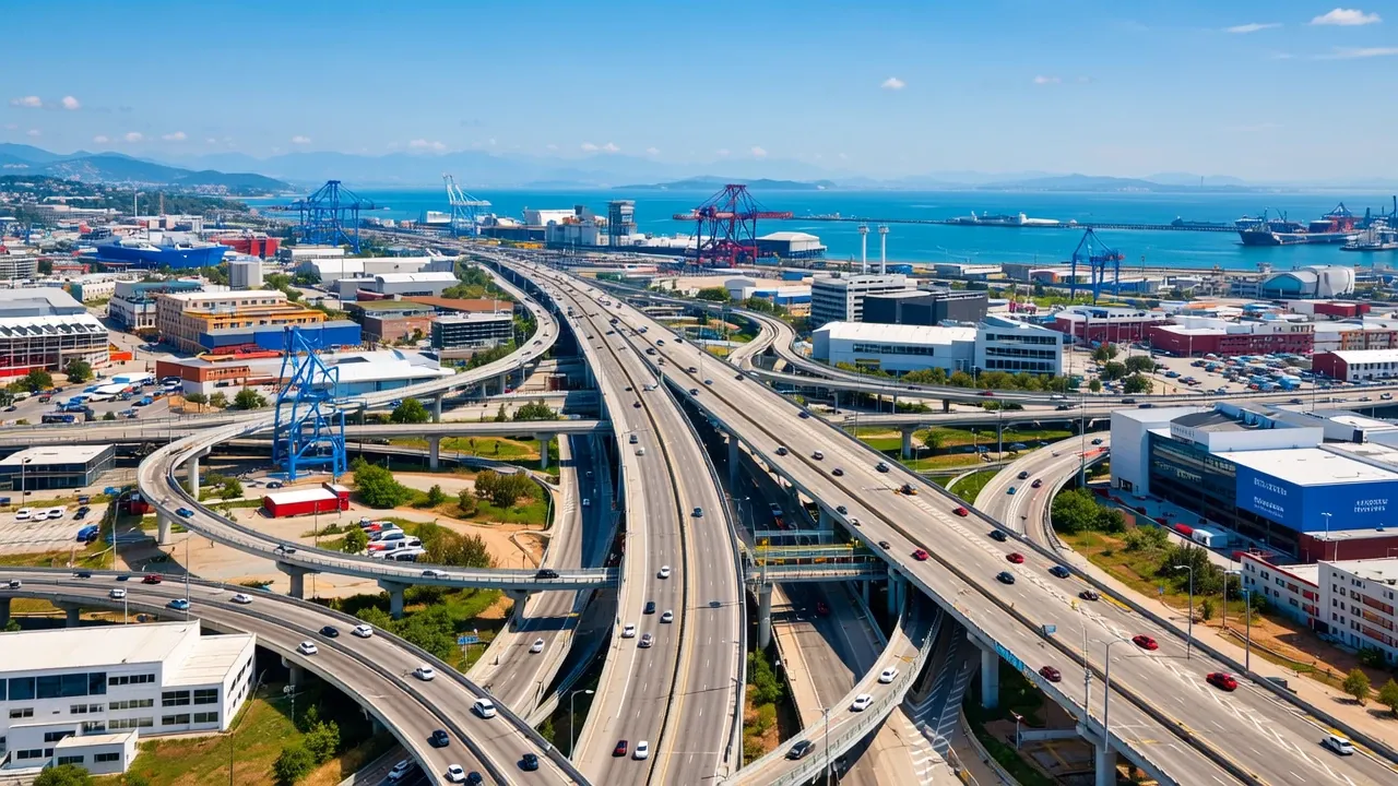 Intercambio de autopista de múltiples carriles sobre área de puerto industrial.