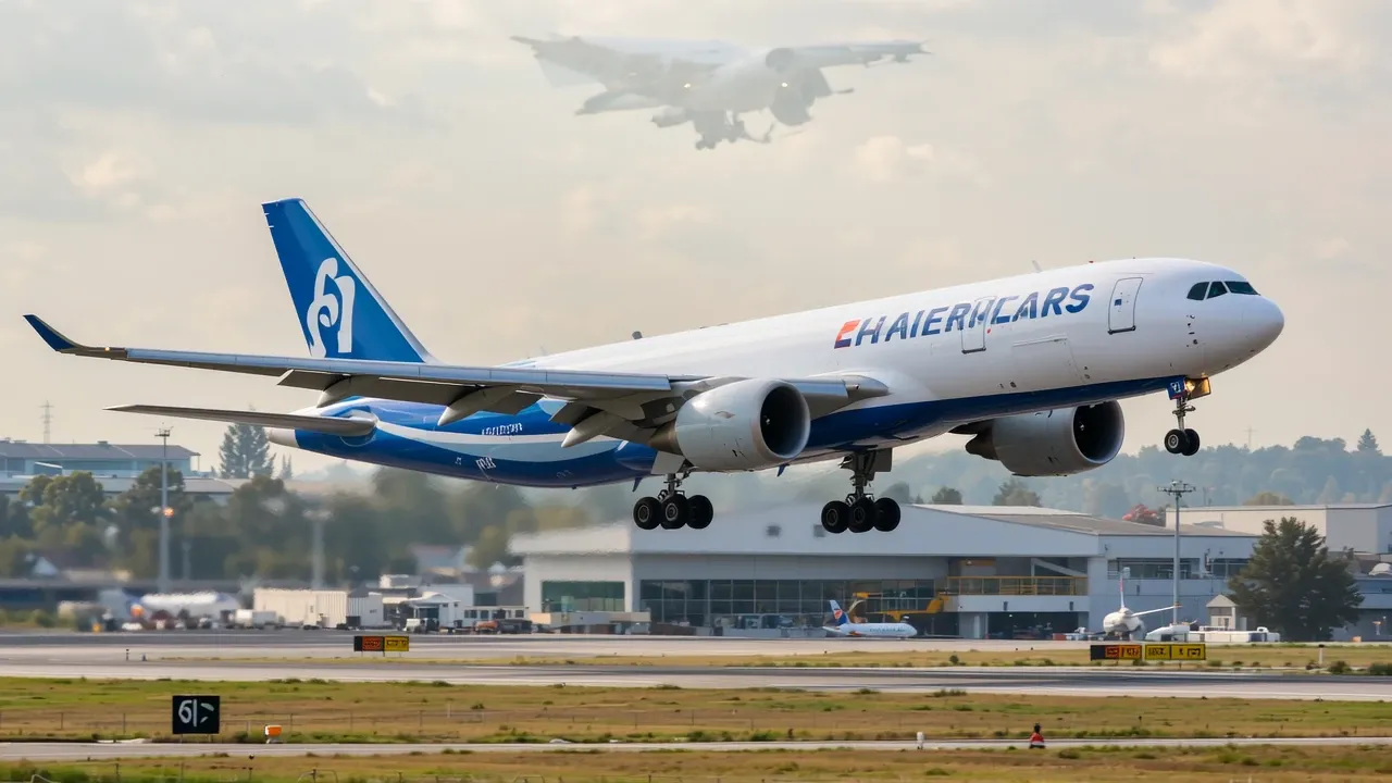 Gran jet de carga despega de la pista de un aeropuerto bajo un cielo nublado.