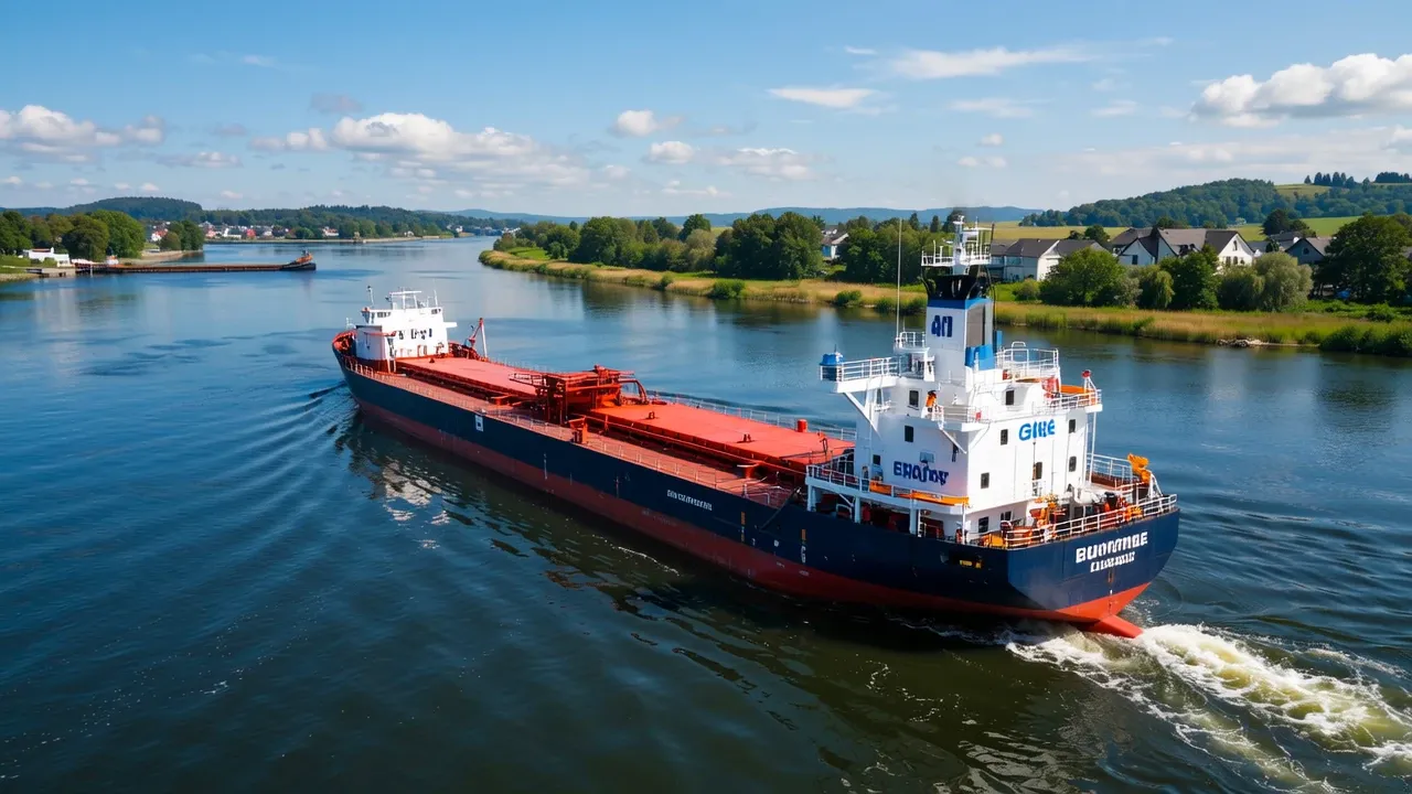 Barge navigates wide river under blue sky with distant treeline.