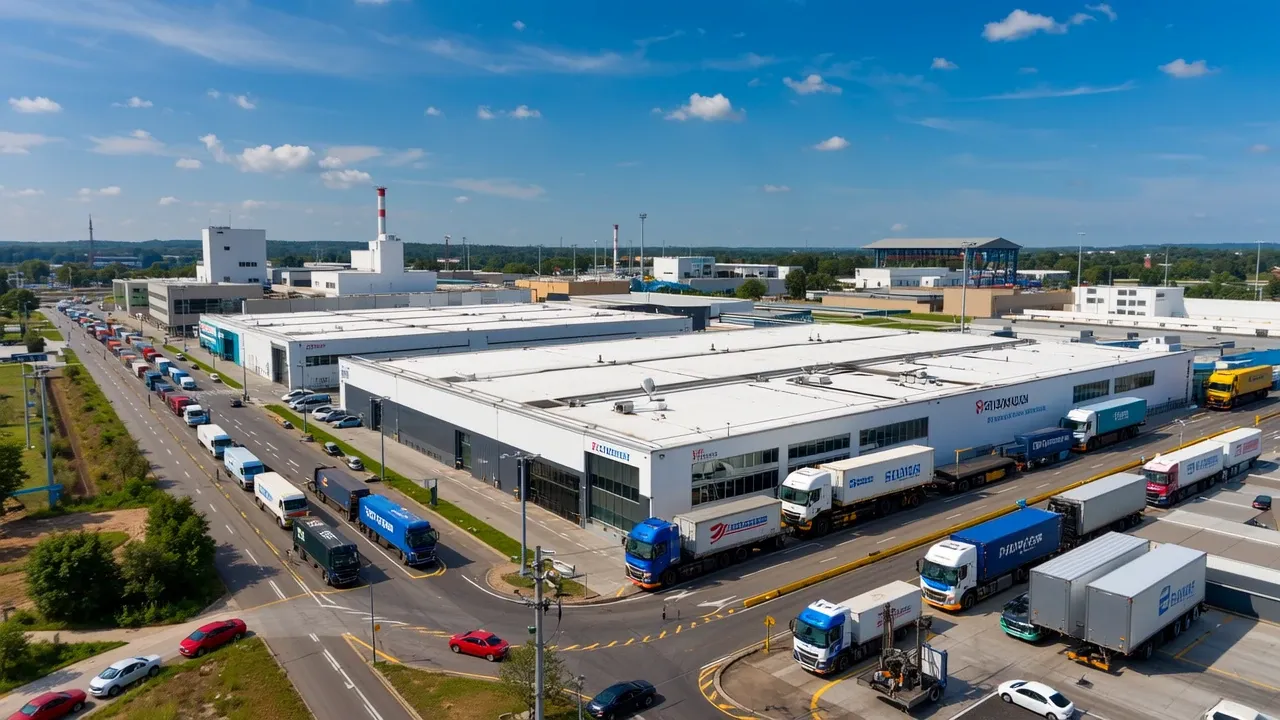 Gran complejo de almacén industrial con numerosos camiones semi estacionados.