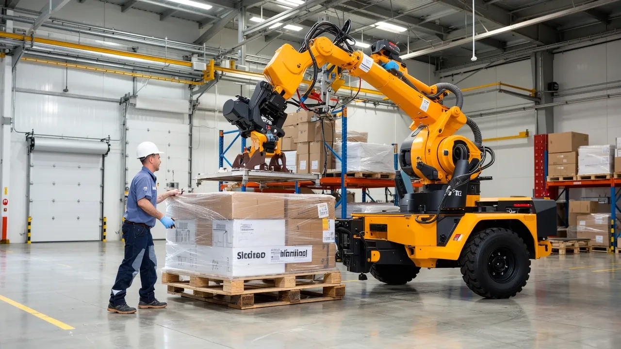 Ouvrier se tient près d'un grand bras robotique jaune déplaçant des boîtes en.