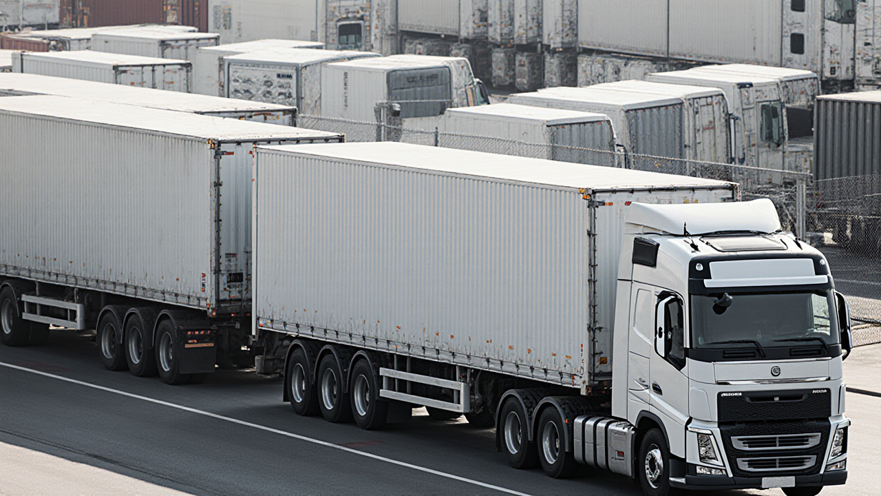 A white truck with a large white trailer travels on a dark road a detailed vehicle and cargo transport