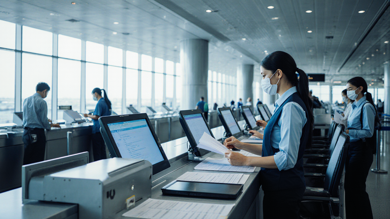 Plusieurs agents de compagnies aériennes travaillent aux comptoirs d'enregistrement avec des ordinateurs et des documents dans un terminal d'aéroport.