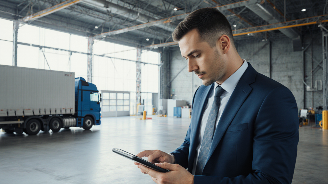 A suited businessman intently examines a tablet while standing in a large industrial warehouse with a truck in the background