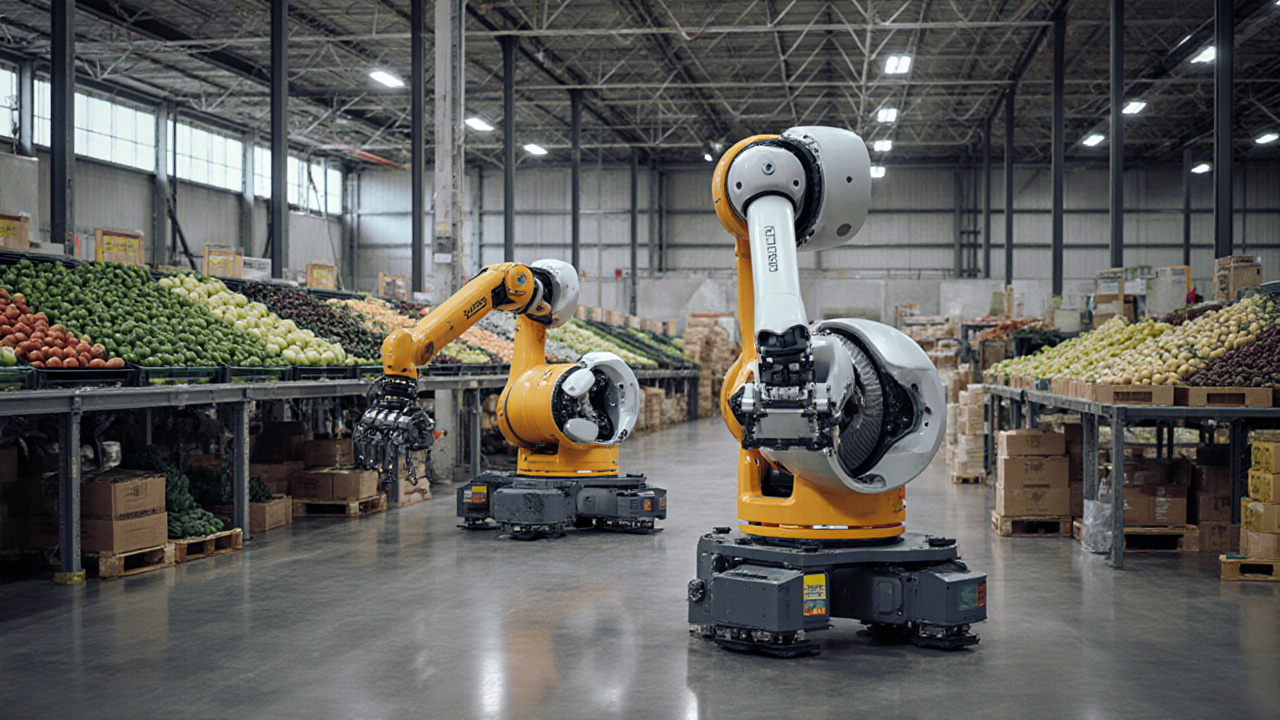 Two ABB robots move through a large warehouse filled with stacked pallets of goods and produce