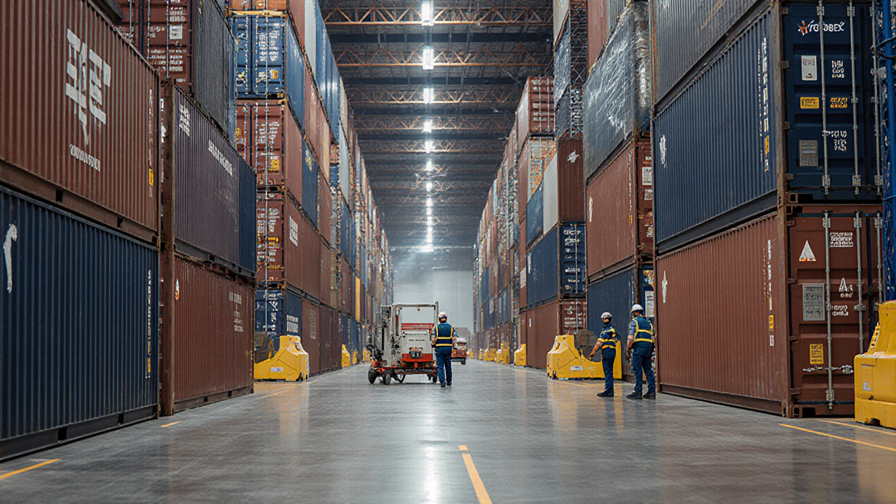 Three workers operate a forklift through a long warehouse filled with towering stacks of shipping containers