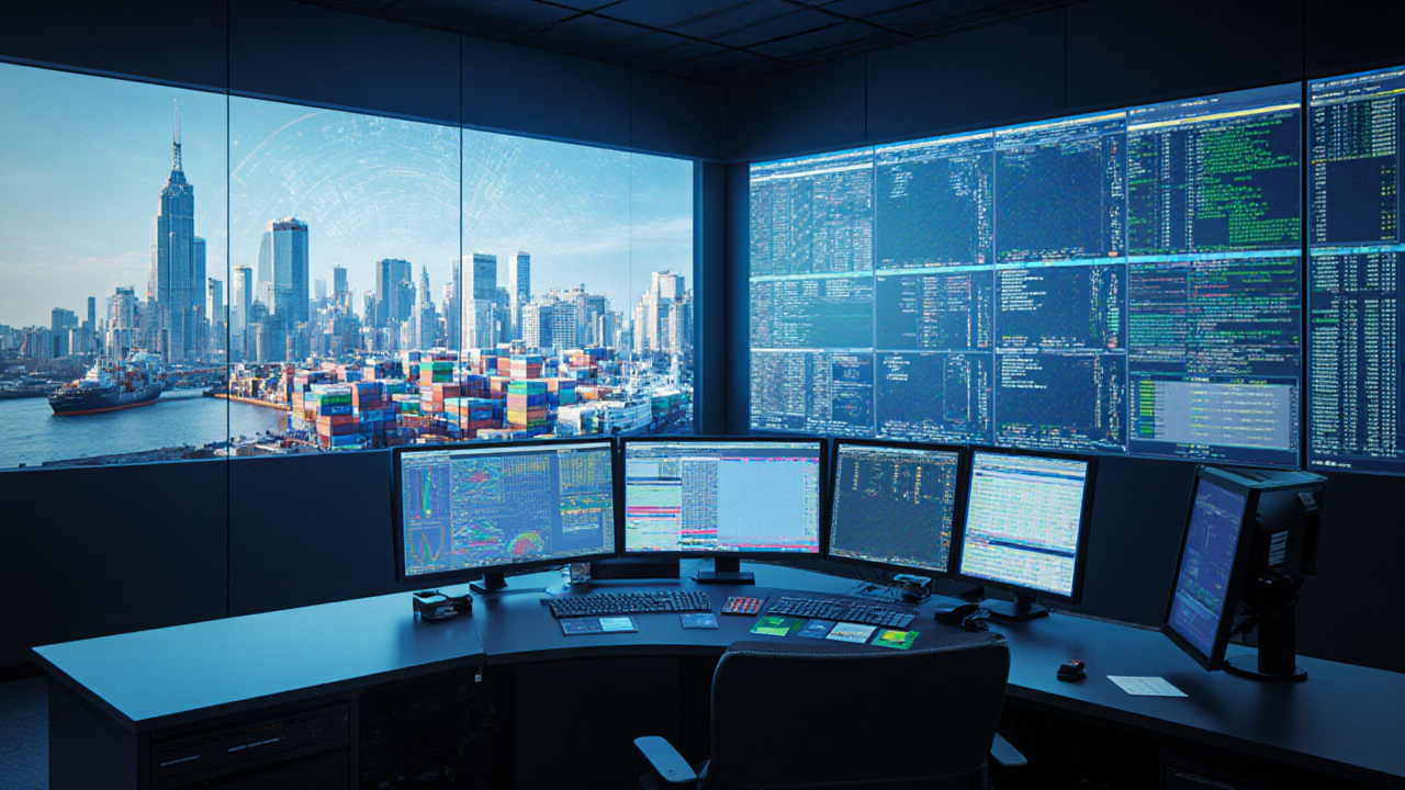 A brightly lit control room features multiple monitors displaying complex data A large ship is visible in the harbor outside