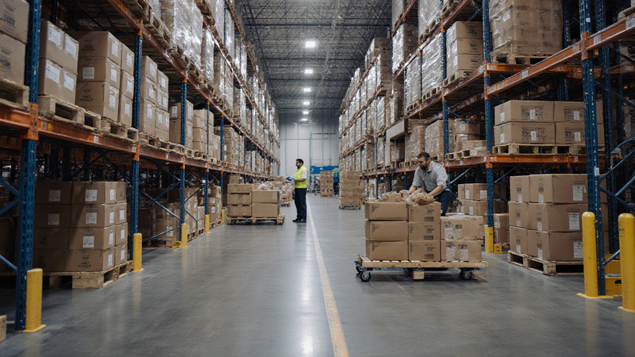 A worker pushes a large pallet jack loaded with cardboard boxes down a brightly lit warehouse aisle
