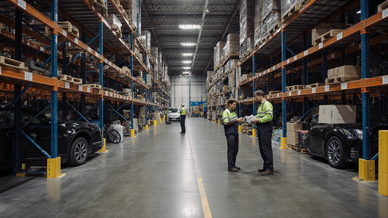 Two workers inspect a long warehouse aisle examining boxes with a black SUV visible in the background