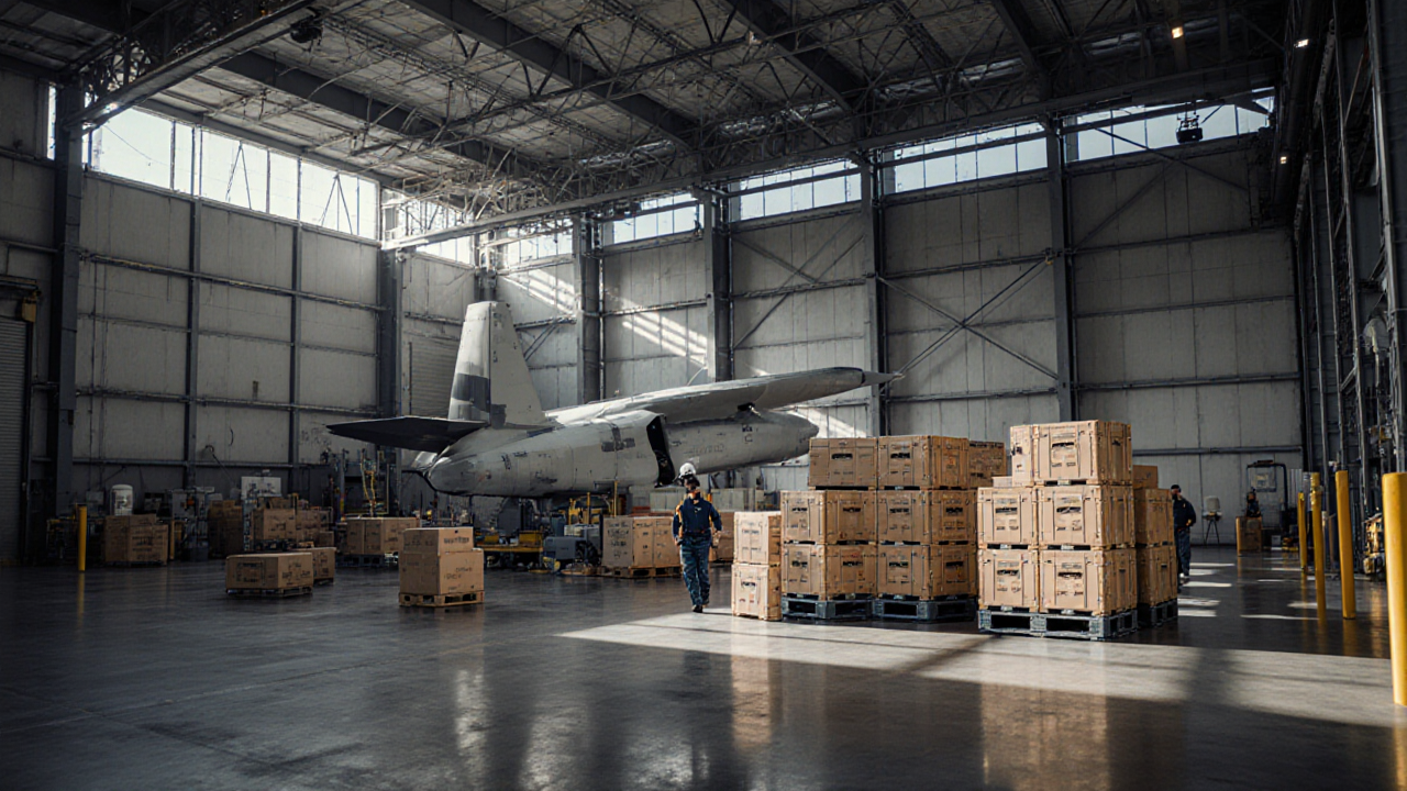 A military aircraft sits amidst numerous stacked pallets and a person in a blue uniform suggesting logistical support within