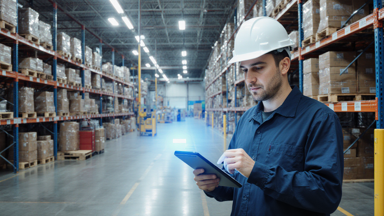 Một người đàn ông đội mũ bảo hộ trắng đang xem một chiếc máy tính bảng bên trong một nhà kho sáng đèn với vô số kệ chứa đầy hộp.