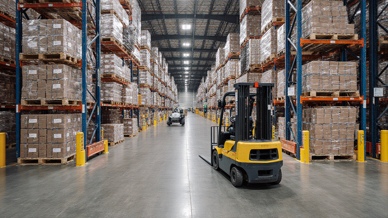 一辆黄色的叉车在堆满了大量纸箱的拥挤仓库中穿梭,纸箱高高地堆在混凝土地面上。