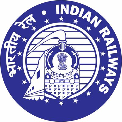 The Indian Railways logo features a stylized locomotive train silhouette in blue against a white background The logo
