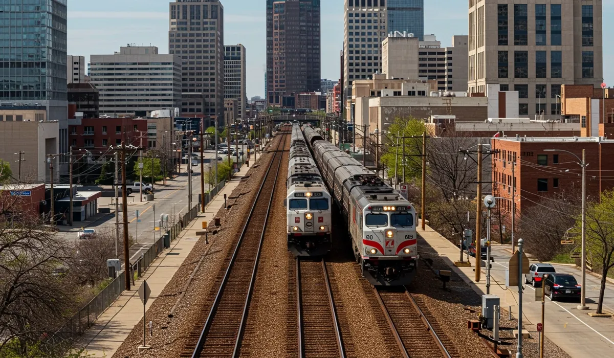 A red Amtrak train travels along a city track with concrete rails under a sunny sky overlooking Kansas City buildings