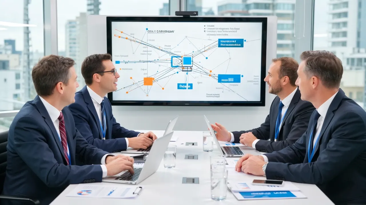 Des hommes d'affaires examinent le diagramme de stratégie réseau sur un grand moniteur de bureau.