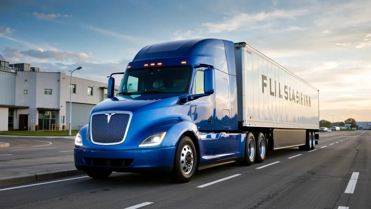 Blue semi-truck hauling white trailer drives on an empty highway at sunset.