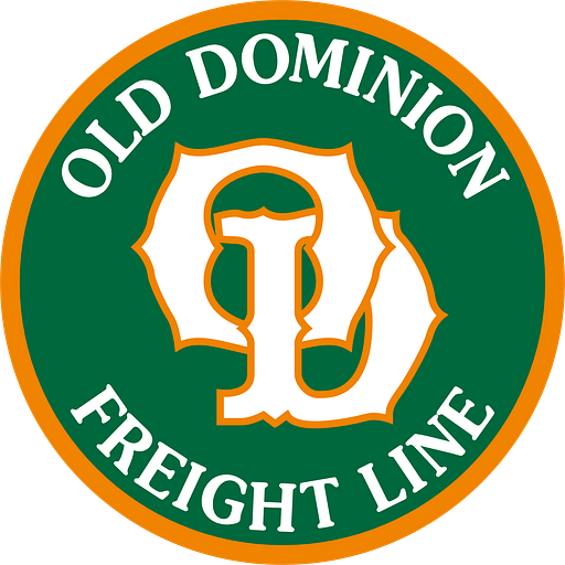 The Old Dominion Freight Line logo features a white stylized anchor within a blue shield emblem on a green background