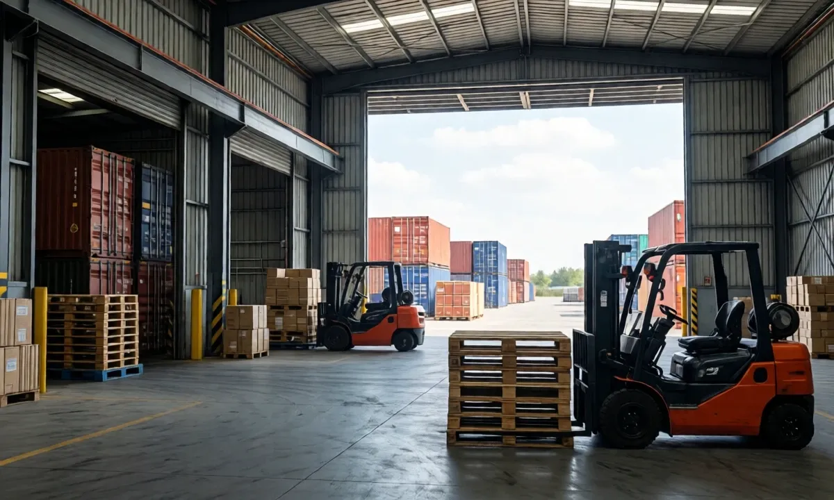 Forklifts and pallets in a warehouse