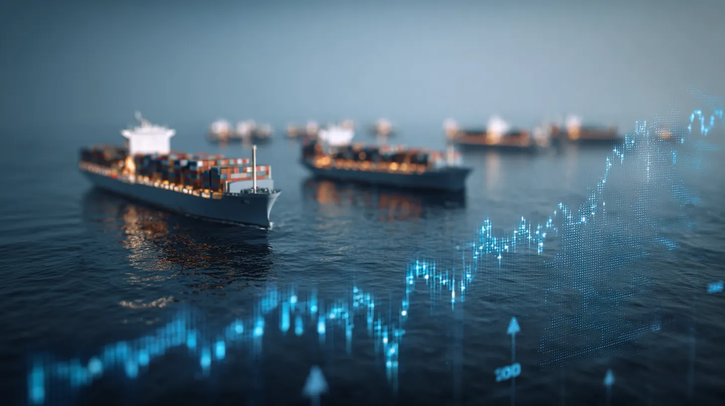Several large cargo ships sail across a dark ocean surface illuminated with bright blue digital noise