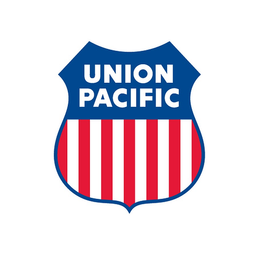 Union Pacific Railroad logo featuring a red and white shield with bold stripes and the railroads name prominently displayed