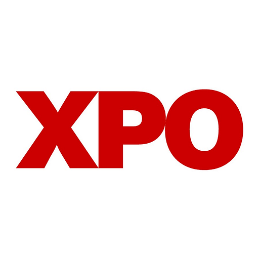 A bold red XPO logo is prominently displayed against a white background The logo features the word XPO in large capital